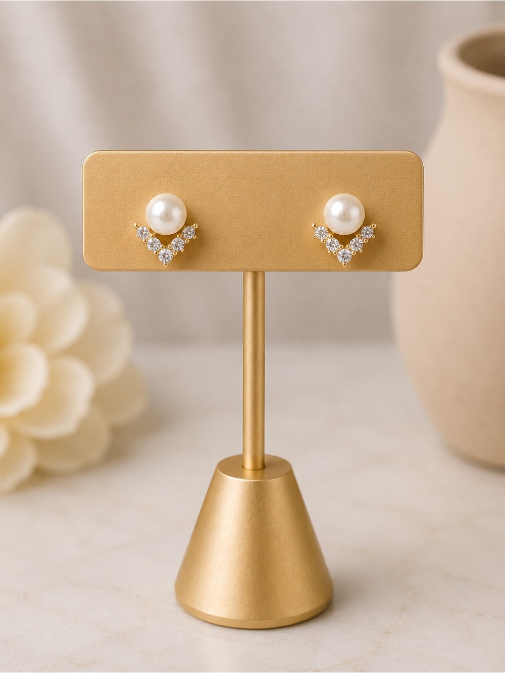 Vintage Faux Pearl & Rhinestone Chevron Stud Earrings